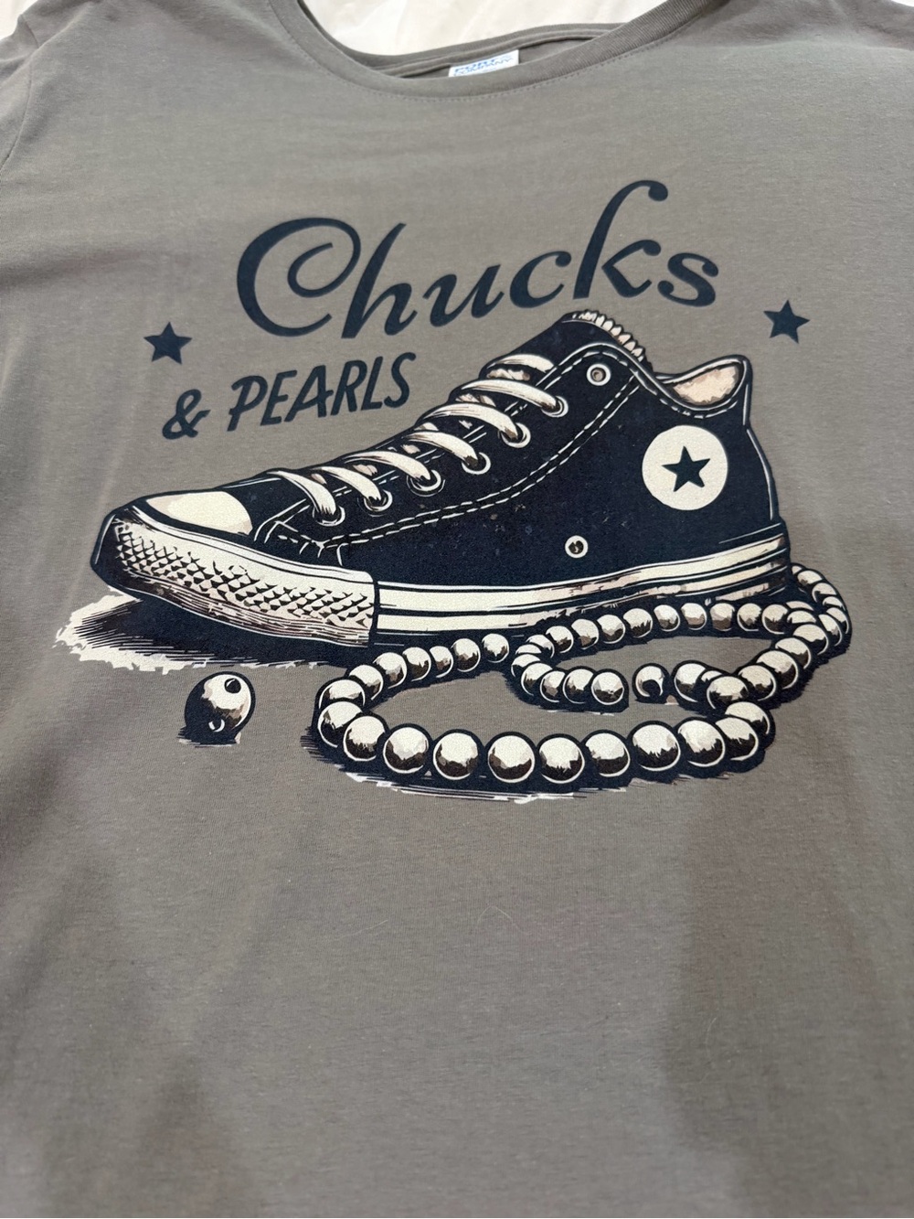 Chucks & Pearls Graphic Tee - Olive with Black Print